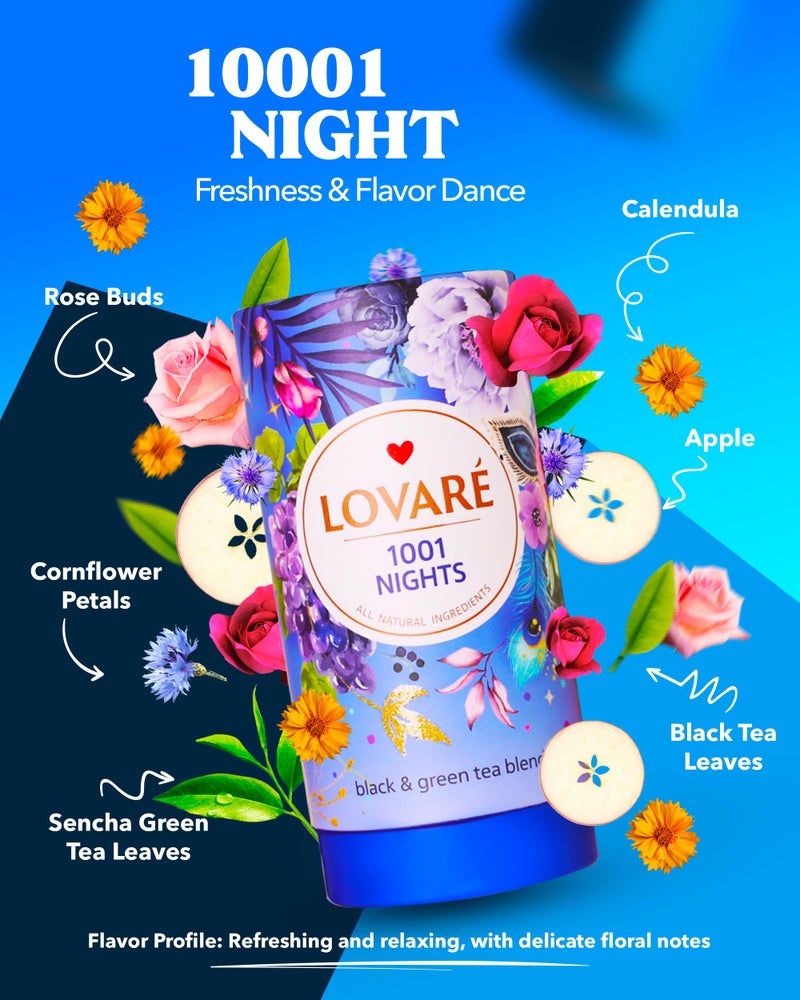 LOVARE 1001 Nights Loose Leaf Tea 80 g - Made in Ukraine - Black and Green Tea, Apple, Cornflower, Calendula, Rose, Safflower Petals, Rosebuds - Gift Box with 15 Paper Filters - Image 2